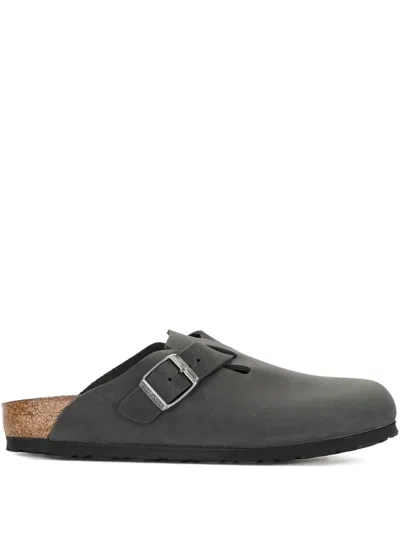Birkenstock Slate Leather Boston Slippers In Gray