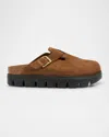 Birkenstock Boston Buckle Suede Flatform Clogs In Dark Tea