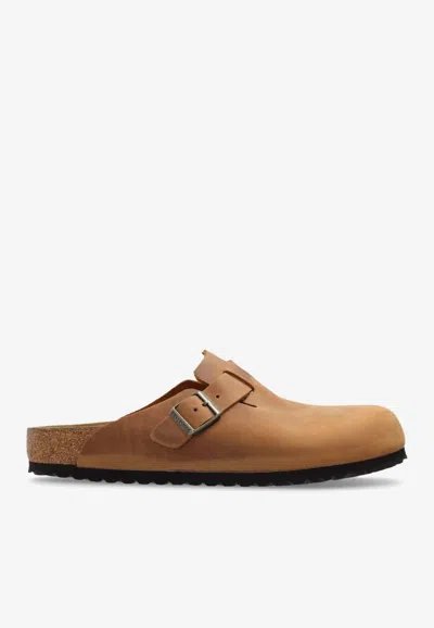 Birkenstock Boston Buckle Suede Slippers In Brown