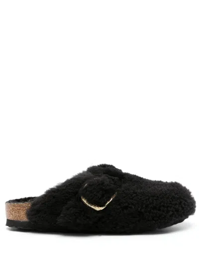 Birkenstock Boston Buckled Shearling Slippers In Black