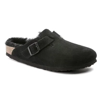 Birkenstock Boston Clogs Unisex Us 7-7.5 Black Shearling Suede Leather Khd1747