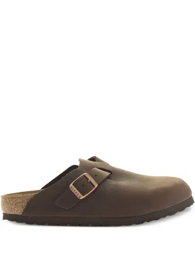 Birkenstock Boston Leather Buckle Mules In Brown