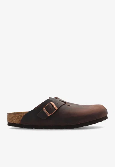 Birkenstock Boston Leather Buckled Slides In Brown