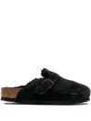 Birkenstock Suede Leather Emblem Buckle Slippers In Black