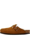 Birkenstock Boston Shearling Buckled Mules In Brown