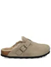 Birkenstock Boston Suede Shearling Buckle Slide Clogs In Neutrals