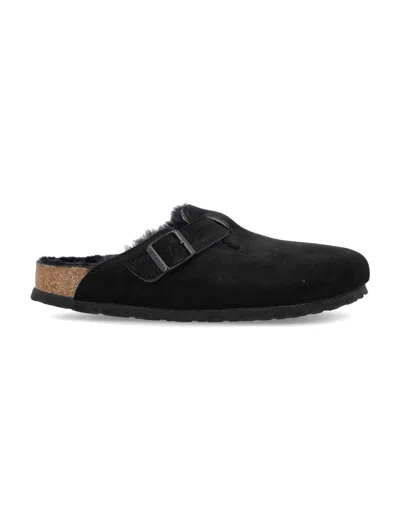 Birkenstock Mens Black Boston Logo-embossed Shearling-lined Suede Clogs