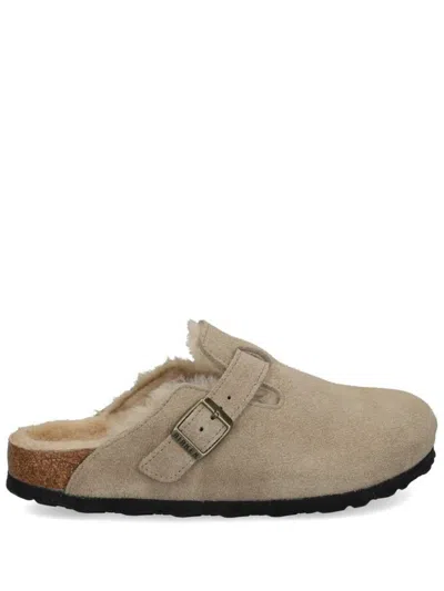 Birkenstock Boston Suede Shearling Buckle Slide Clogs In Beige