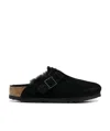 Birkenstock Suede Leather Emblem Buckle Slippers In Black