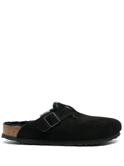 Birkenstock "boston" Shearling Suede Leather Slippers In Pink