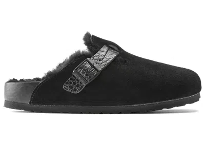 Pre-owned Birkenstock Boston Shearling Suede Reptile Embossed Strap Sneakers In Black