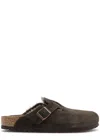 Birkenstock Khaki-green Suede Boston Shearling Mules In Brown