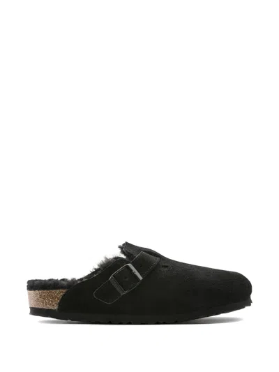 Birkenstock Boston Shearling Suede Slippers In Black