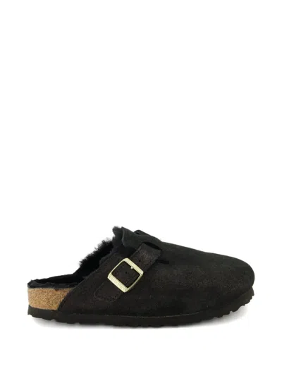 Birkenstock Boston Shimmering Buckle Mules In Black