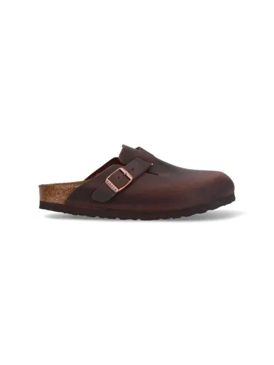 Birkenstock Leather Boston Slippers Buckle Detail In Brown