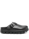 Birkenstock Boston Chunky Slipper In Black Natural Leather With Serrated Sole In 黑色