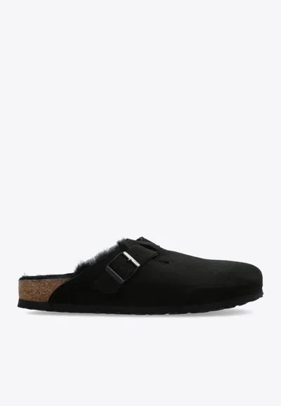 Birkenstock Boston Suede And Shearling Mules In Black