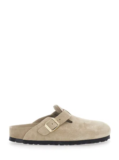 Birkenstock Boston Suede Buckle Mule Flat With Rounded Toe In Beige
