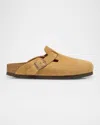 Birkenstock Boston Suede Buckle Slide Clogs In Latte Cream