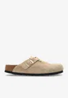 Birkenstock Boston Suede Buckled Mules In Brown