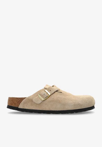 Birkenstock Boston Suede Buckled Mules In Brown