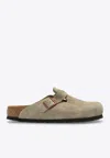 Birkenstock Boston Suede Buckled Slides In Gray