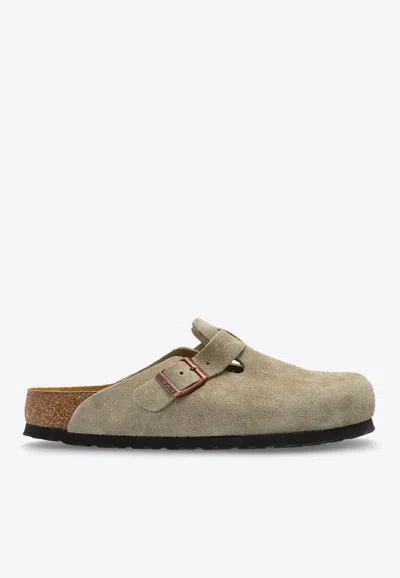 Birkenstock Boston Suede Buckled Slides In Gray