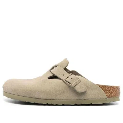 Birkenstock Boston Suede Leather Narrow Fit Sandals 'faded Khaki' In Green
