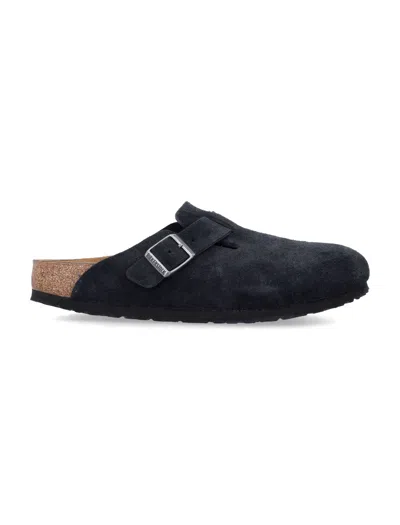 Birkenstock Boston Suede Mini Slide Sandals With Adjustable Metal Buckle, Narrow Fit, Round Toe In Nero
