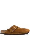 Birkenstock Boston Suede Mule With Fur Lining Shoes In Brown