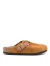 Birkenstock Round Toe Buckle-detailing Suede Mules In Brown