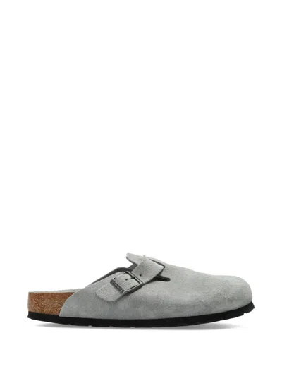Birkenstock Boston Suede Leather Slippers In Silver