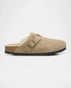 Birkenstock Boston Suede Shearling Buckle Slide Clogs In Taupe