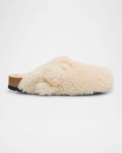 Birkenstock Boston Teddy Shearling Buckle Mules In Eggshell