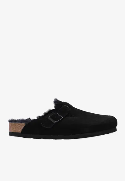Birkenstock Boston Vl Buckle Suede Slides In Black