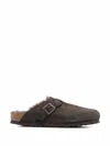 Birkenstock Khaki-green Suede Boston Shearling Mules In Brown