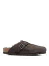 Birkenstock Khaki-green Suede Boston Shearling Mules In Brown