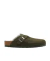 Birkenstock Boston Vl Shearling Suede Leather Slides In Black