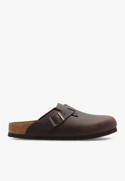 Birkenstock Boston Waxed Leather Slides In Brown