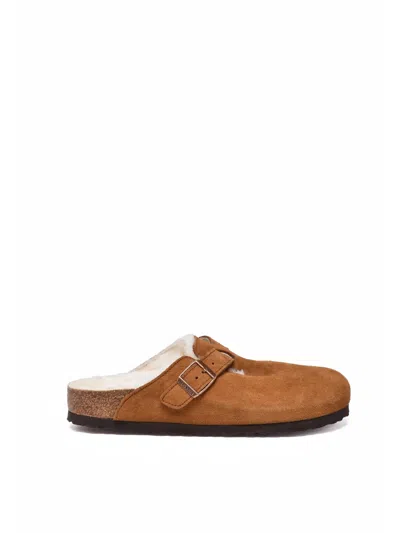 Birkenstock Brown Suede Shearling Mules In Black