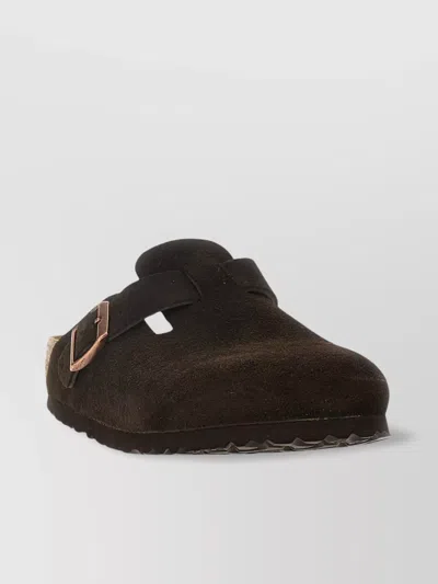 Birkenstock Buckle Detail Suede Upper Open Back Slippers In Brown