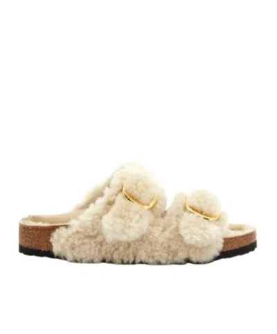 Birkenstock Buckle-fastening Shearling Slides In Beige
