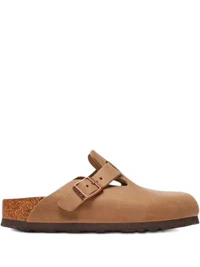 Birkenstock Buckle Leather Clogs In Brown