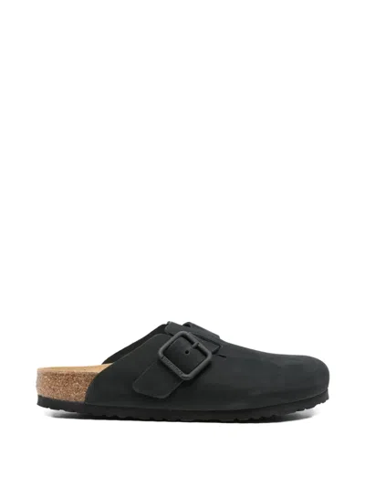 Birkenstock Slate Leather Boston Slippers In Black