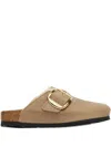 Birkenstock Boston Mules With Gold Buckle And Rubber Sole In Brown