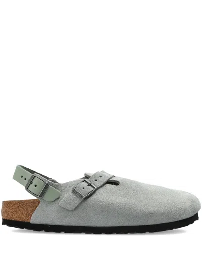 Birkenstock Buckle Strap Suede Mules In Gray