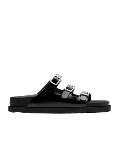 Birkenstock Black Sandals With Adjustable Straps And Gold-tone Buckles