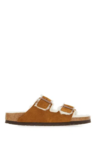 Birkenstock Camel Shearling Arizona Sandals In Brown