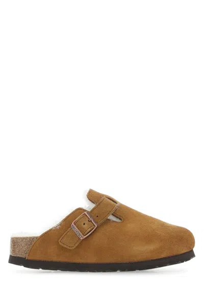 Birkenstock Camel Suede Boston Slippers In Leather Brown