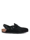 Birkenstock Buckle Cork Open Suede Mules In Black